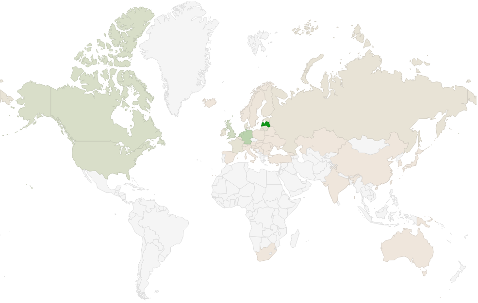 Kuriose šalyse yra fiziškai įsikūrusios Latvijos svetainės? Hosting countries map