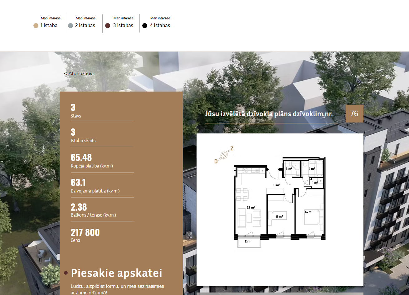 Individual apartment page showing full specs, price, plan, and inquiry form