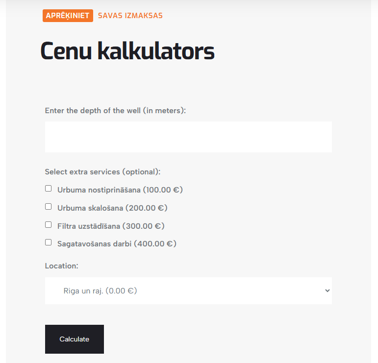 Kainos skaičiuoklės ekrano nuotrauka