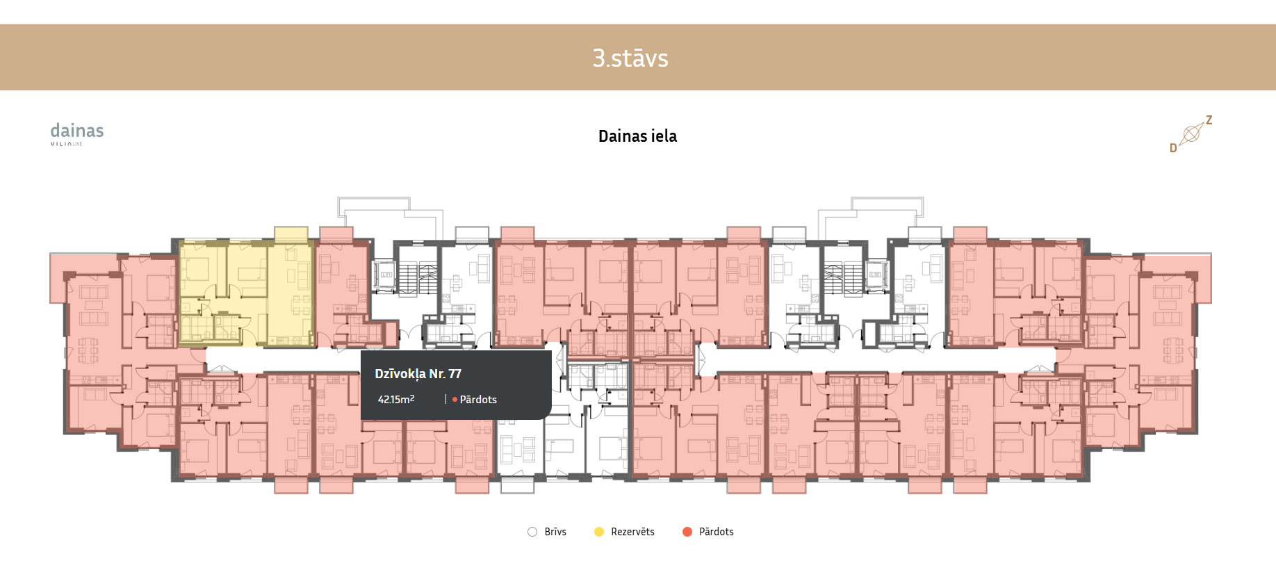 Detailed floor plan with tooltip highlighting apartment status and size